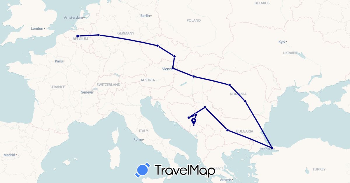 TravelMap itinerary: driving in Austria, Bosnia and Herzegovina, Belgium, Bulgaria, Czech Republic, Germany, Hungary, Montenegro, Romania, Serbia, Turkey (Asia, Europe)